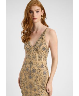 Women's Embellished Sequin Beaded Corset Maxi Dress With Deep V-Cut