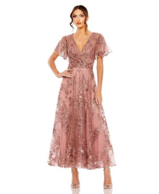 Women's Embroidered Flutter Sleeve A Line V Neck Dress