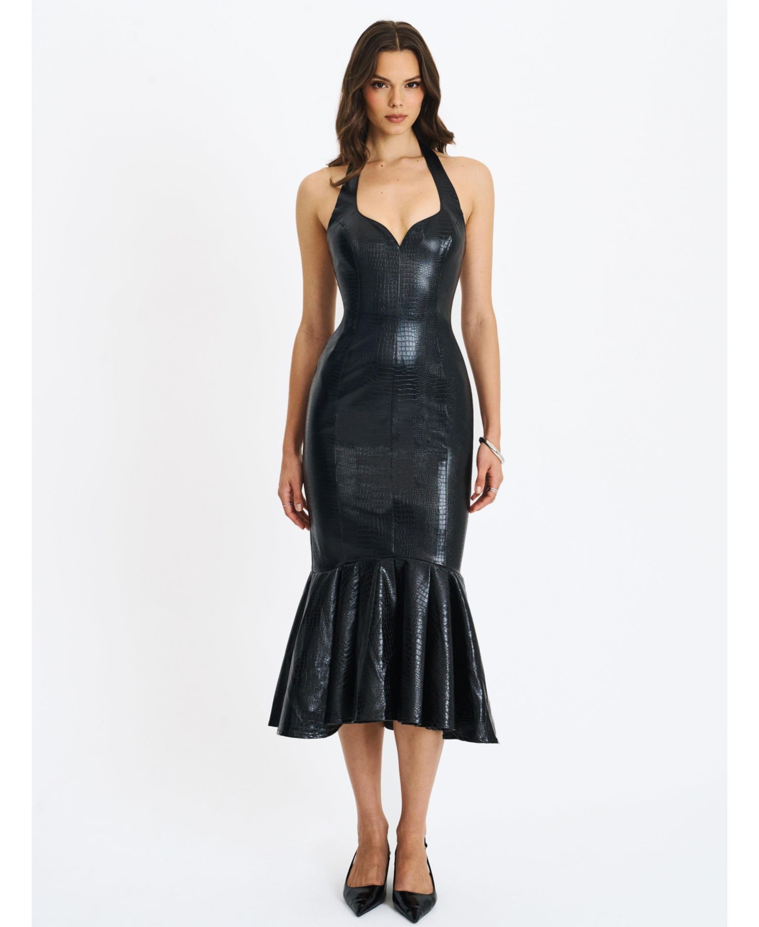 Women's Gardenia Black Leather Midi Sweetheart Halter Flared Dress
