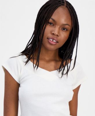 Juniors' Wide-Double-V-Neck Short-Sleeve Top