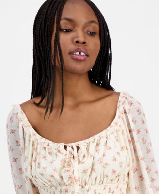 Juniors' Smocked Tie-Neck Top