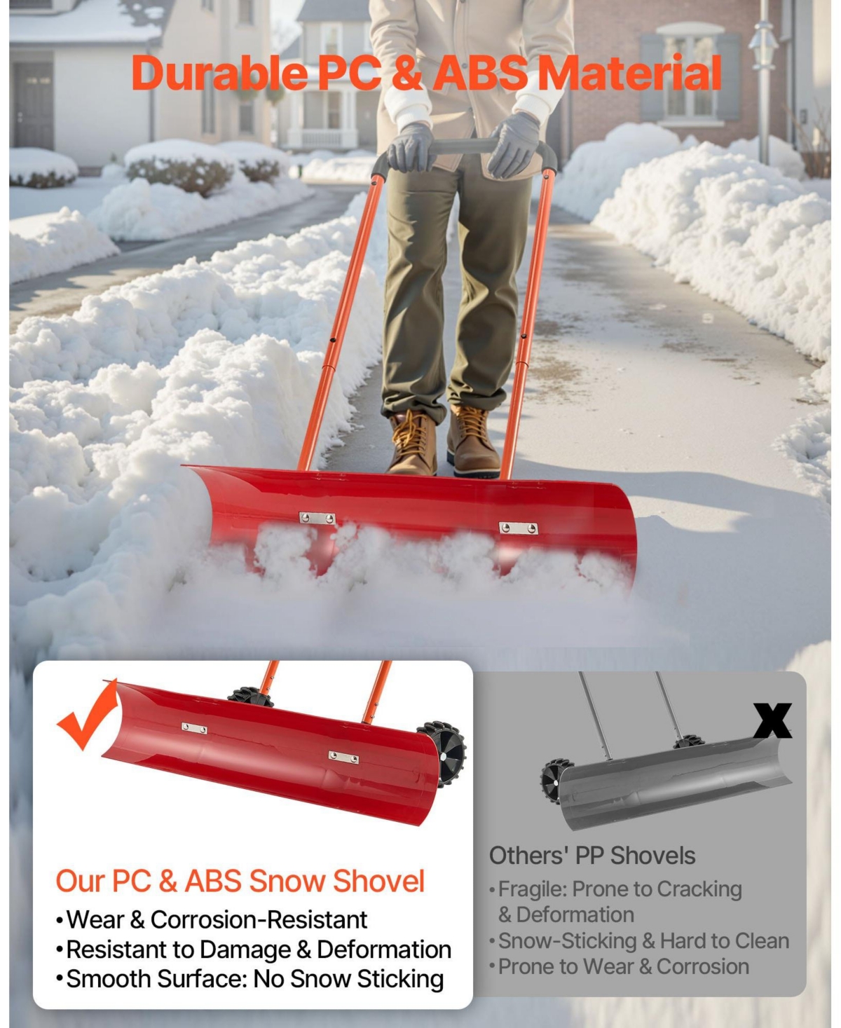 Mecale Wheeled Snow Pusher Shovel, 37.8", Angled Blade, 90° Adjustable Handle, Portable Snowplow for Driveways