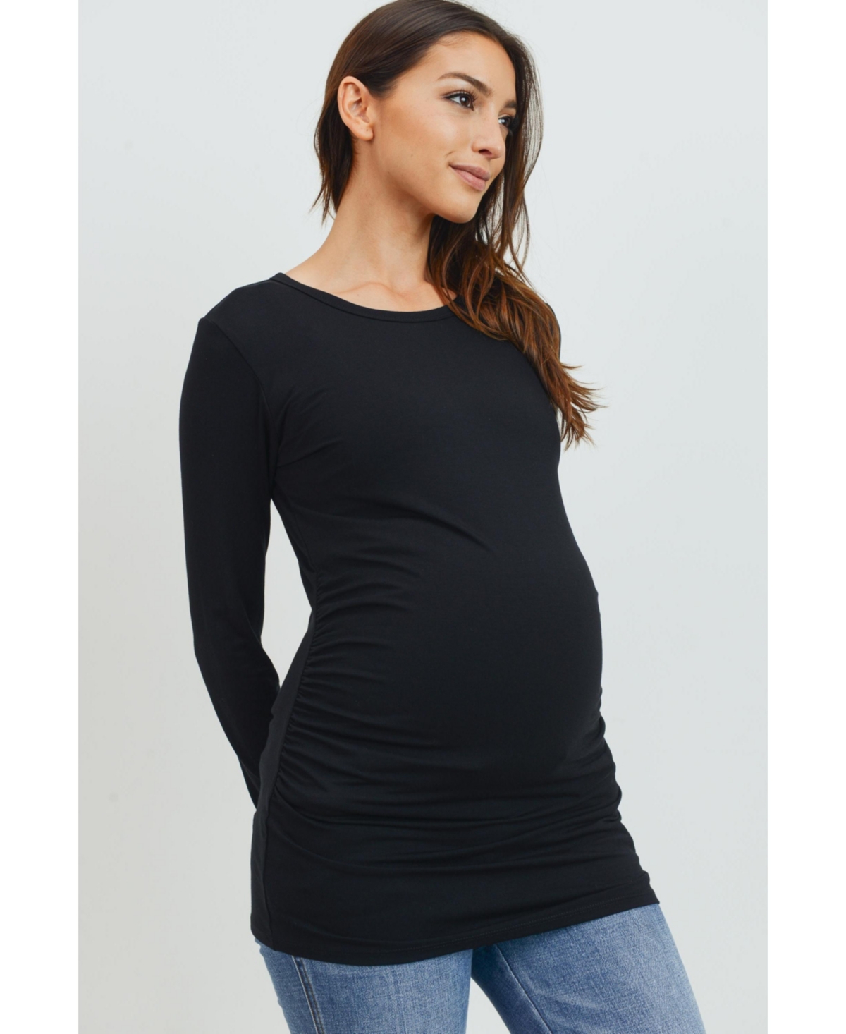 Hello Miz Maternity Casual Long Sleeve Side Ruched Crewneck Top