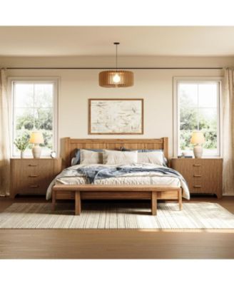 Large Nightstand with 3 Drawers Set of 2, Mid Century Modern Oversized Bedside Table, Wide Nightstand with Fluted Striped Panel