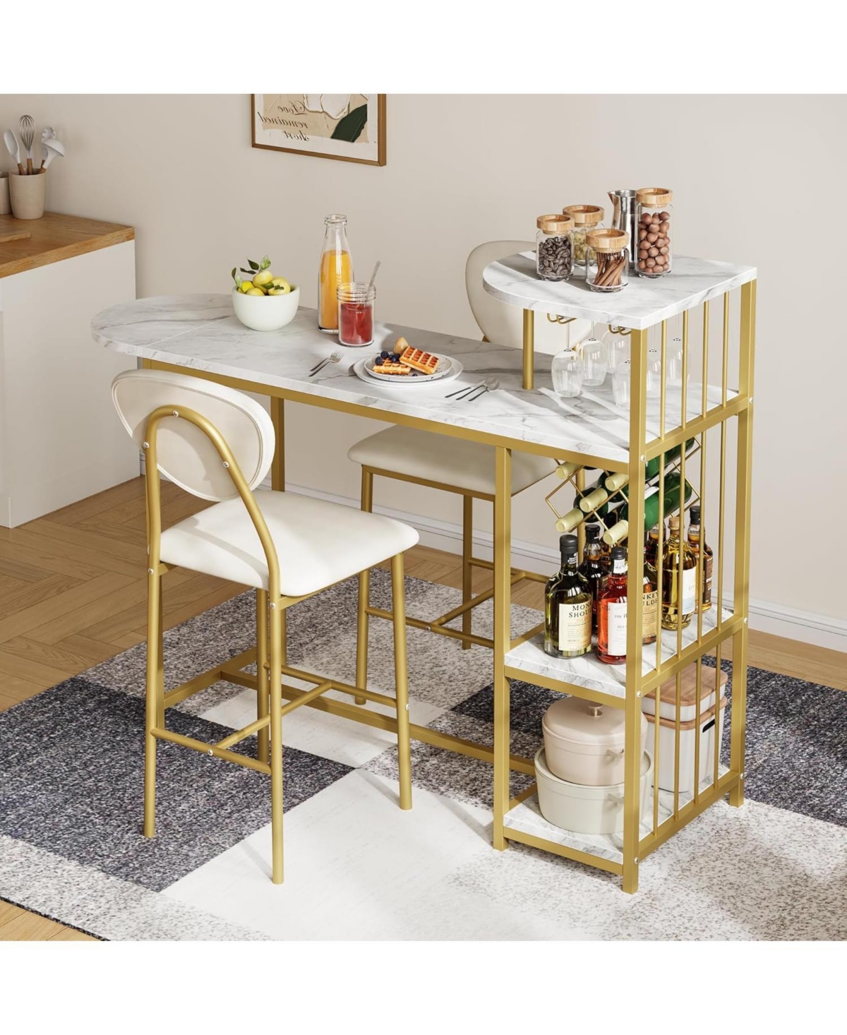 Gaomon Dining Table Set for Expandable BarTable and Chairs Set, with Storage Shelves and Wine Rack,Small Kitchen Dining Set for Living Room