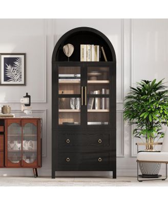 71" Tall Arched Kitchen Pantry Cabinet with 2 Large Drawers, Adjustable Shelves, Glass Door, Wood Versatile Cupboard