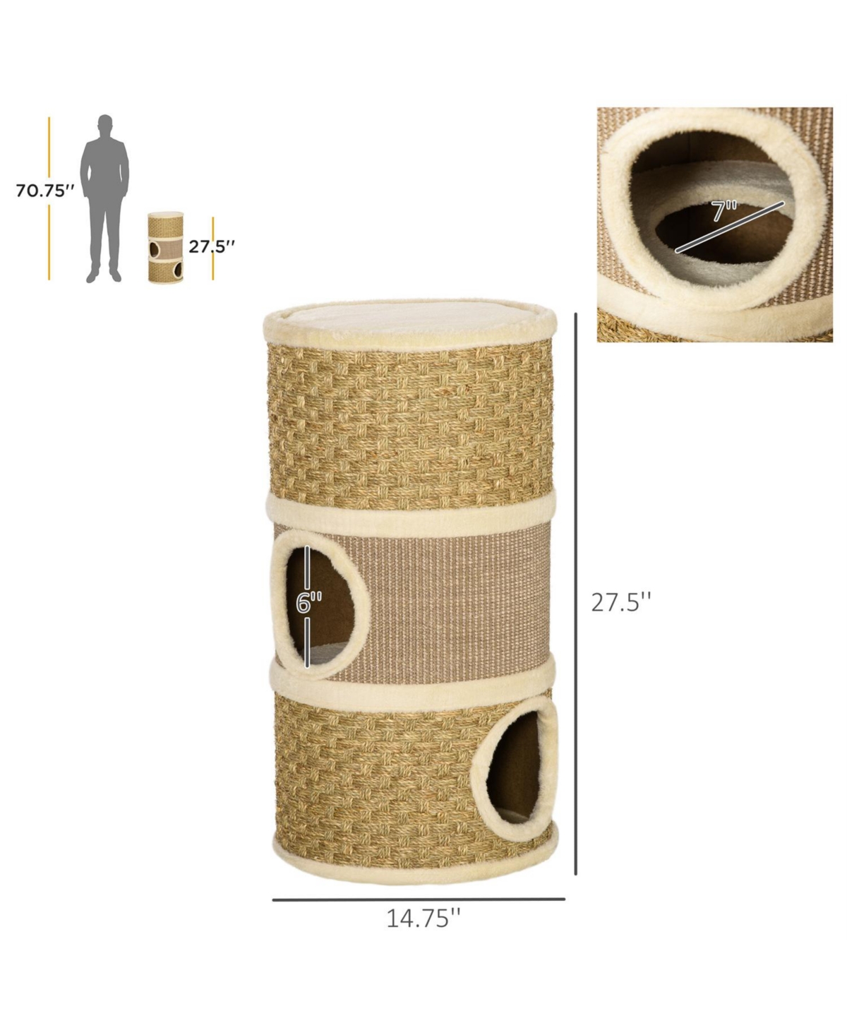 Aostirmotor Cat Condo with Scratching Pad,3 Story Cat Hideaway in Khaki and Brown