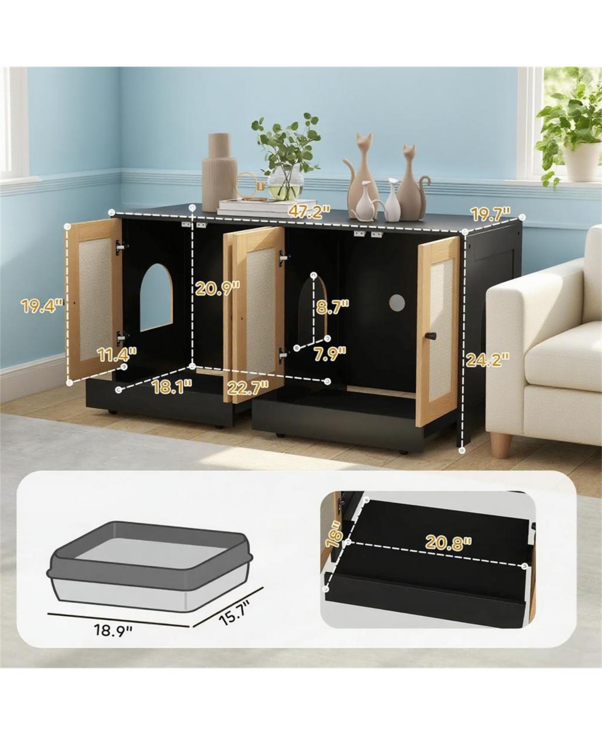 Aostirmotor Cat Litter Box Enclosure for 2 Cats or Kittens in Black