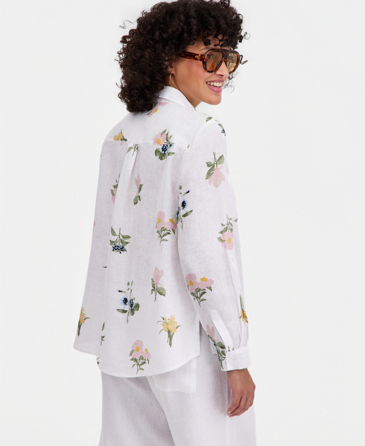 Charter Club Women's 100% Linen Darling Floral Roll-Tab Shirt, Created for Macy's
