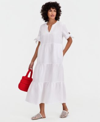 Women's 100% Linen Tie-Sleeve Tiered Midi Dress