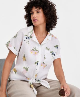 Women's 100% Linen Tie-Front Short-Sleeve Camp Shirt