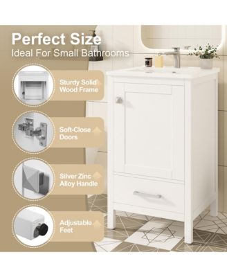 20 in. Modern Bathroom Vanity with Ceramic Sink, Soft-Close Drawer & Door, Double-Layer Door Organizer, Divider Drawer, Adjustable Foot Pads