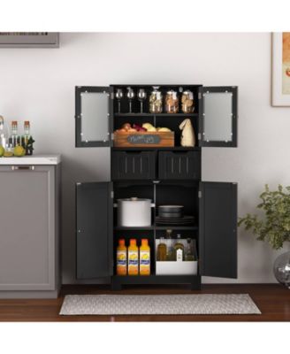 Bathroom Floor Storage Cabinet Kitchen Cupboard with 2 Drawers & Glass Doors