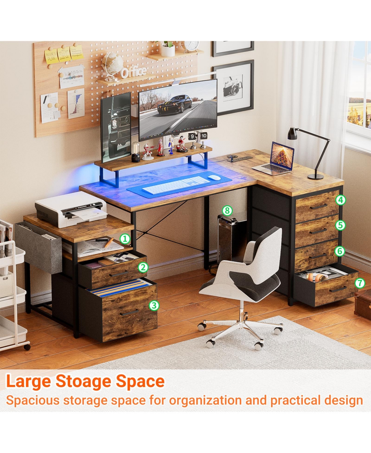 Aheaplus Reversible L Shaped Desk with 6 Drawers, 70.8'' Large Computer Outlets, Monitor Stand & Cpu