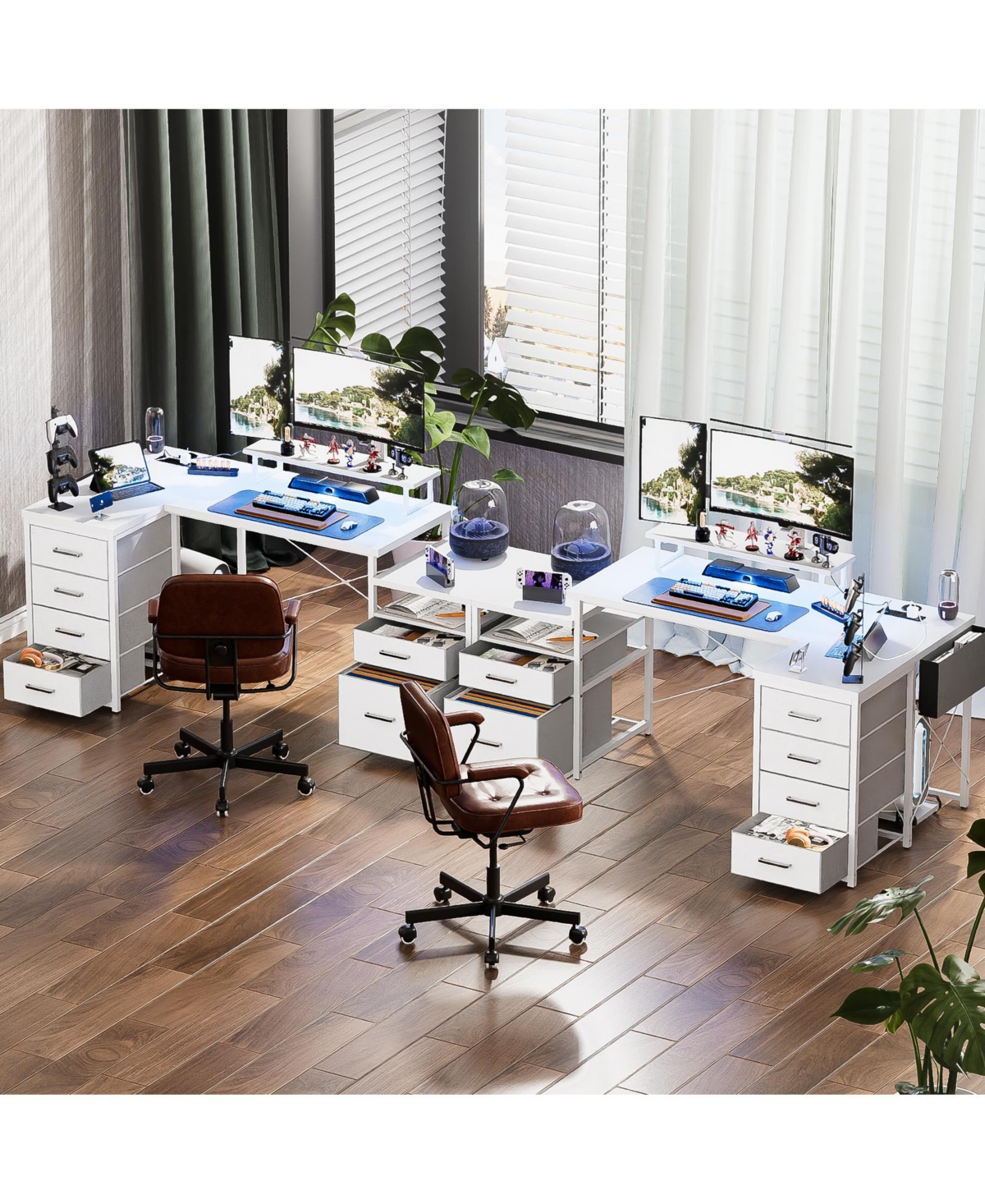 Aheaplus Reversible L Shaped Desk with 6 Drawers, 70.8'' Large Computer Outlets, Monitor Stand & Cpu
