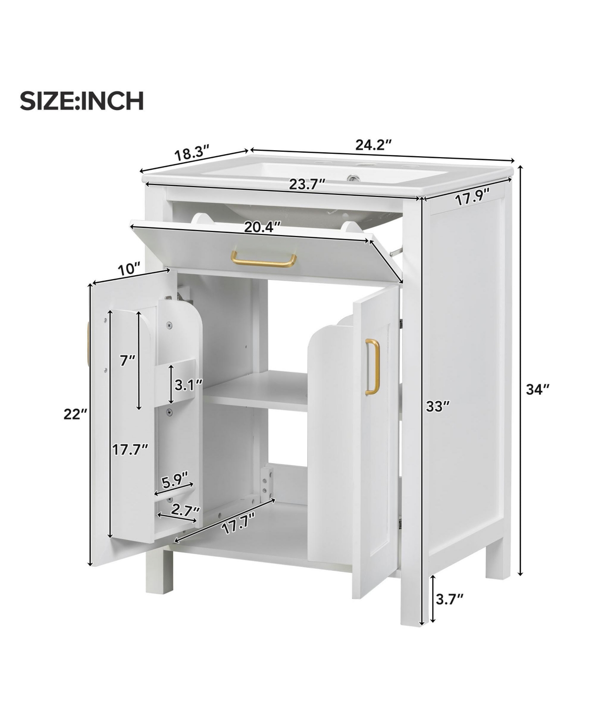 Cesicia 24 in. Bathroom Vanity Combo with Ceramic Sink, Luxurious Space-Saving Vanity with 2 Soft Close Doors