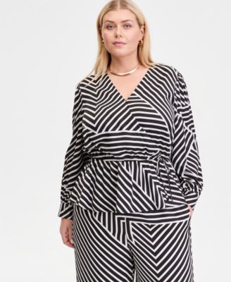 Plus Size Printed Blouson-Sleeve Peplum Top