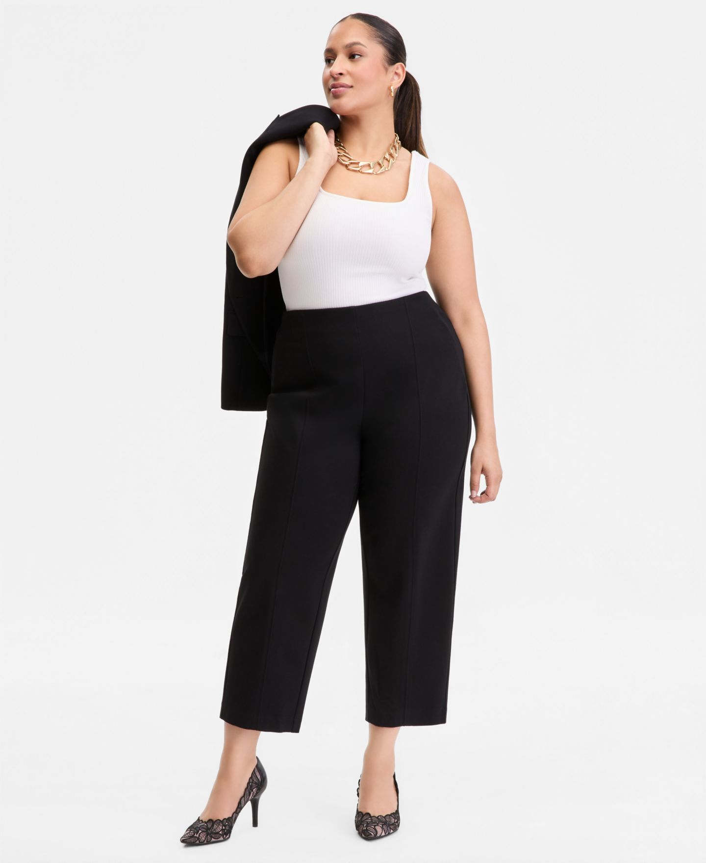Женские брюки I.N.C. International Concepts Plus Size High Rise Pull-On Ponte, цвет: Глубокий чёрный — фото 1