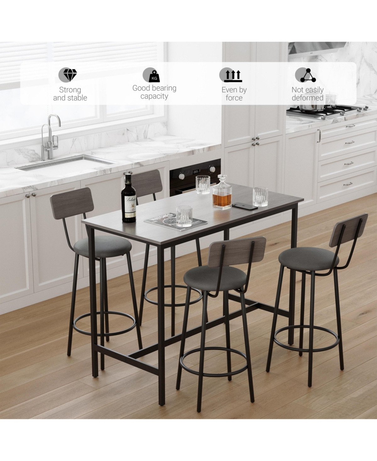 Clihome Bar Table Set with 4 Bar stools Pu Soft seat with backrest, Grey, 47.24'' L x 23.62'' W x 35.43'' H