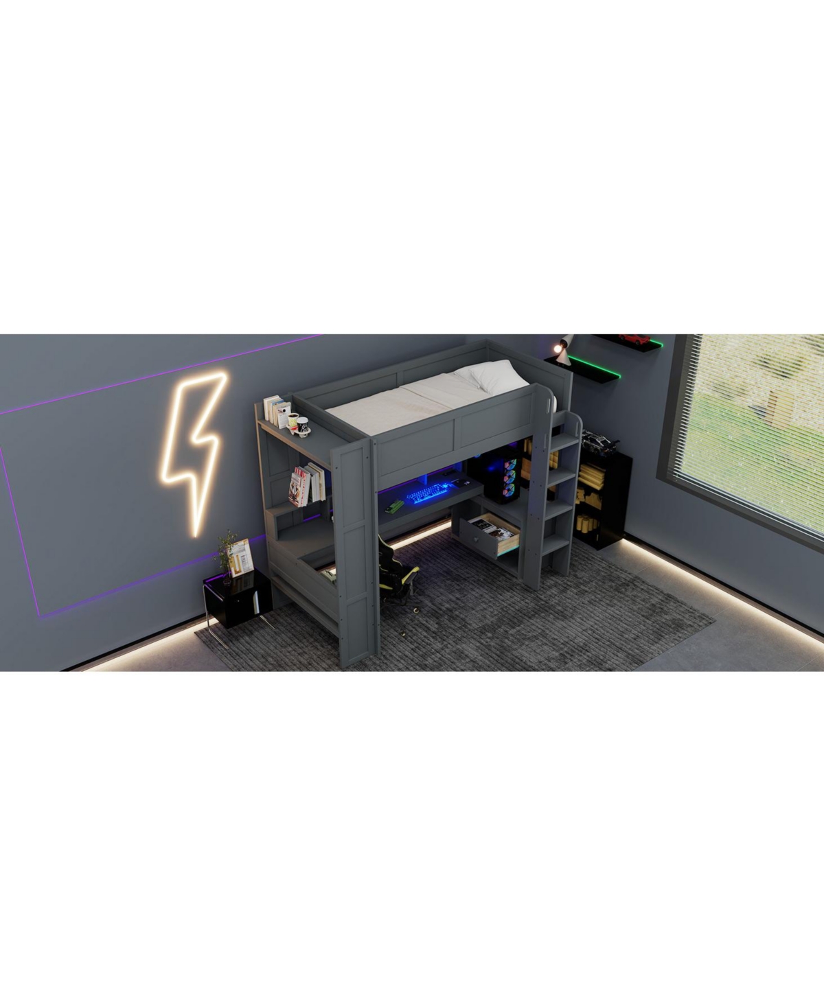 Streamdale Furniture Twin Gaming Loft Bed with Desk, Led & Charging