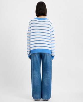 Women's Teddy Knit Open Stripe Boat Neck Sweater