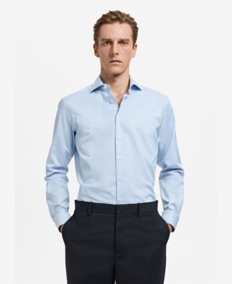Мужская рубашка Mango Striped-Print Slim-Fit Dress Shirt, цвет: Небесно-голубой