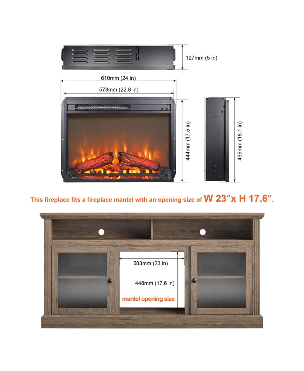 Clihome 23 inch Electric Fireplace Insert Heater with Log Set & Realistic Flame, Overheating Protection without Control