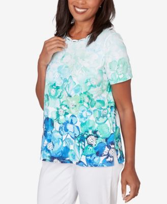 Petite  Floral Ombre Embellished Neck Top