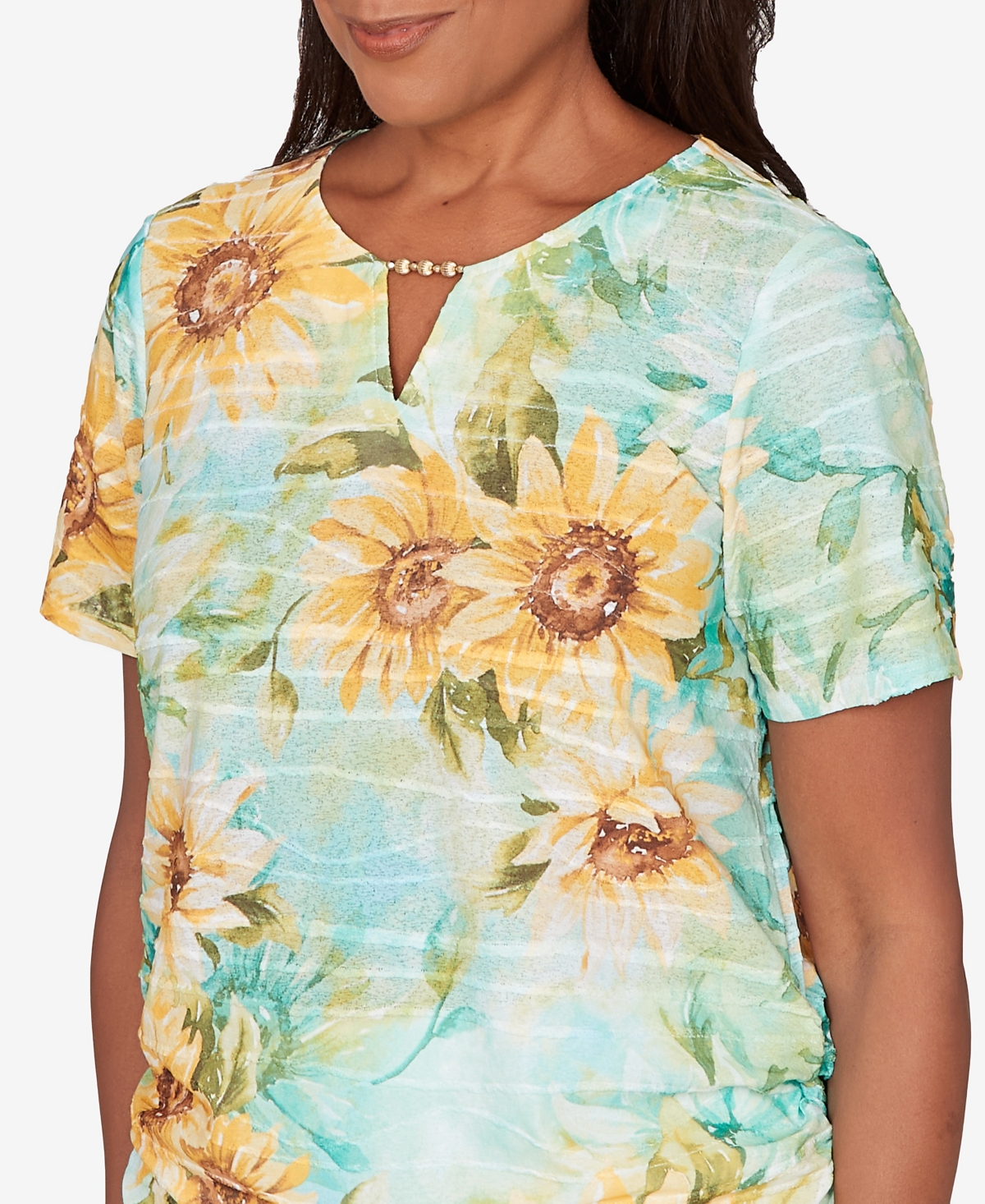 Alfred Dunner Petite Sunflower Split Neck Side Ruched Top