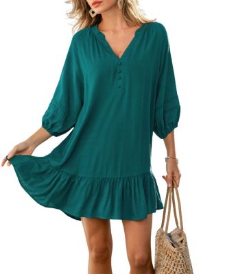 Women's Notched V-Neck Half-Sleeve Woven Mini Dress