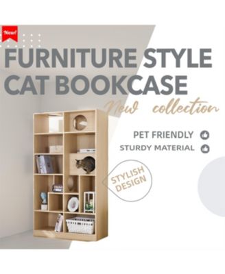 Cat House with Storage, Cat Litter Box Enclosure Climbing Shelf in Natural