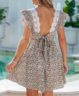 Women's V-Neck Short-Sleeve Woven Mini Dress with Ruffle Trim