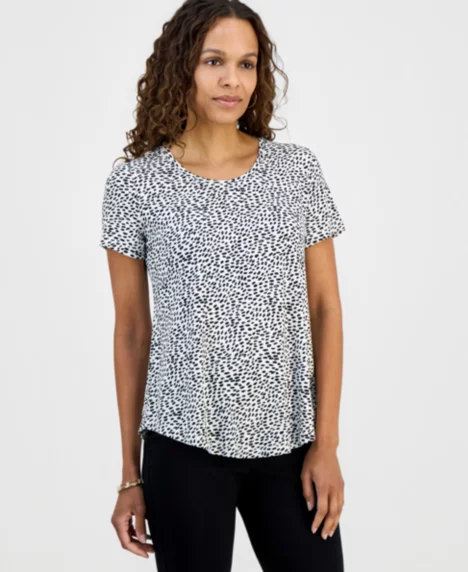 Petite Simple Marks Printed Short-Sleeve Top - Deep Black Combo