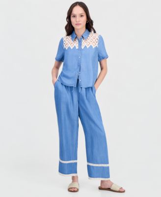Petite Crochet-Inset Chambray Short-Sleeve Shirt