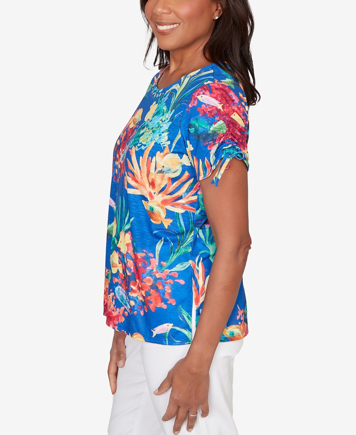 Alfred Dunner Women's Crewneck Tropical Reef Tie Sleeve T-Shirt