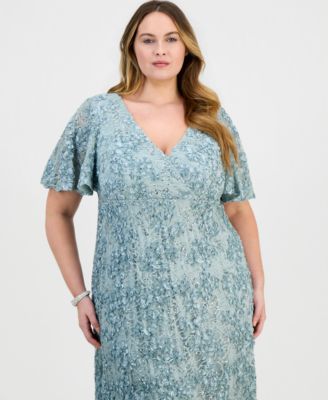 Plus Size Lace V-Neck Flutter-Sleeve Gown