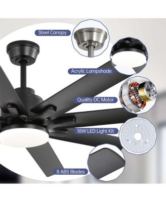 52-inch Modern Exquisite Black 8-Blade Ceiling Fans with Adjustable Led Lights and Intelligent Remote Control