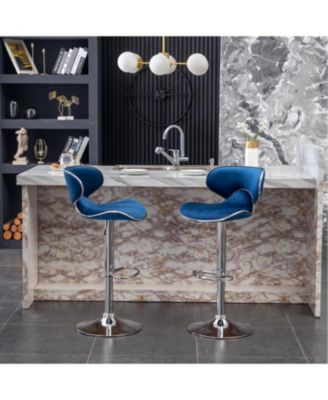 Masaccio Velvet Upholstered Adjustable Swivel Barstool, Set of 2, Blue