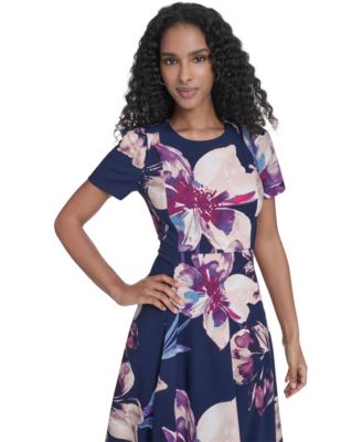 Women's Printed Crew Neck Midi Dress