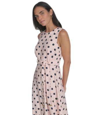 Women's Belted Dot Printed Midi Dress