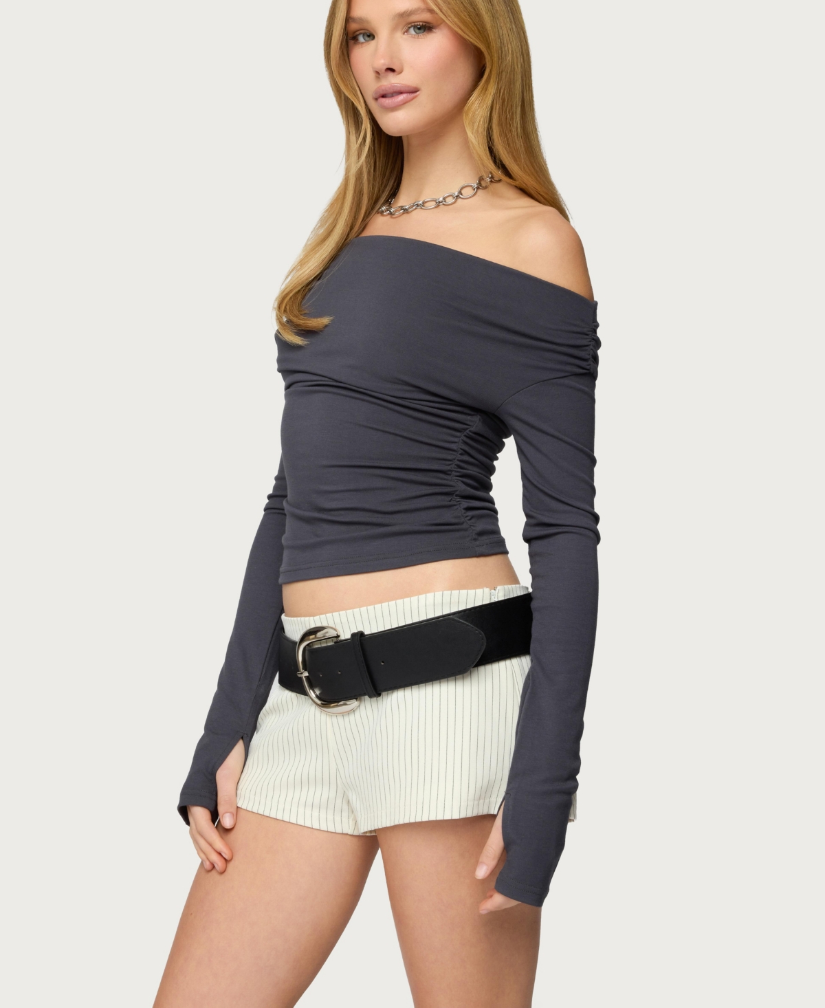 Edikted Women's Milane Ruched Off Shoulder Ribbed Top