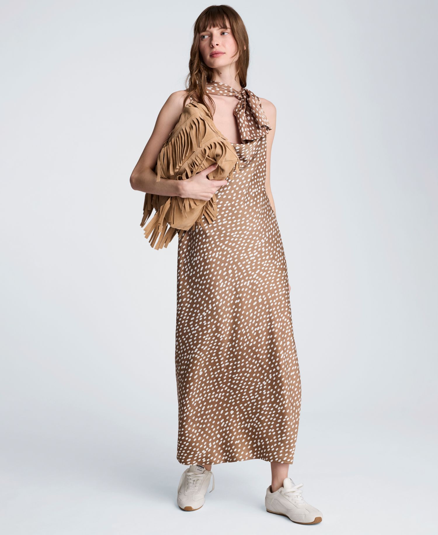 Women's Satin Dot Print Cowl Neck Slip Midi Dress