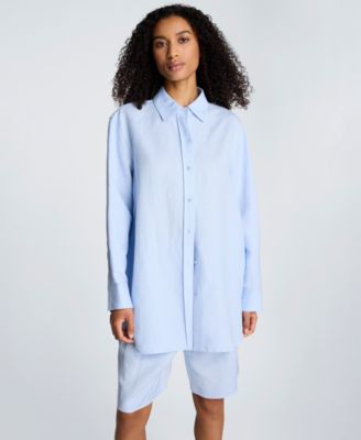 Women's Long-Sleeve Button-Front Linen Blend Top