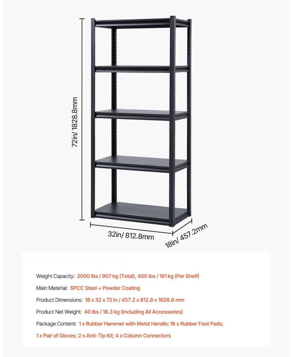 Mecale 5-Tier Storage Shelves, 2000-Lb Capacity, 18"D x 32"W x 72"H, Adjustable Metal Utility Rack