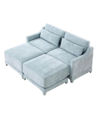 Chenille 2-Seater Sofa w/ Ottoman & Pillows - Sky Blue