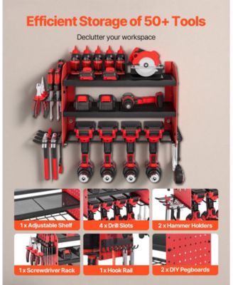 Wall-Mount Power Tool Organizer, 3-Tier Rack w/ 4 Drill Holders & Side Pegboards, Garage/Workshop Storage