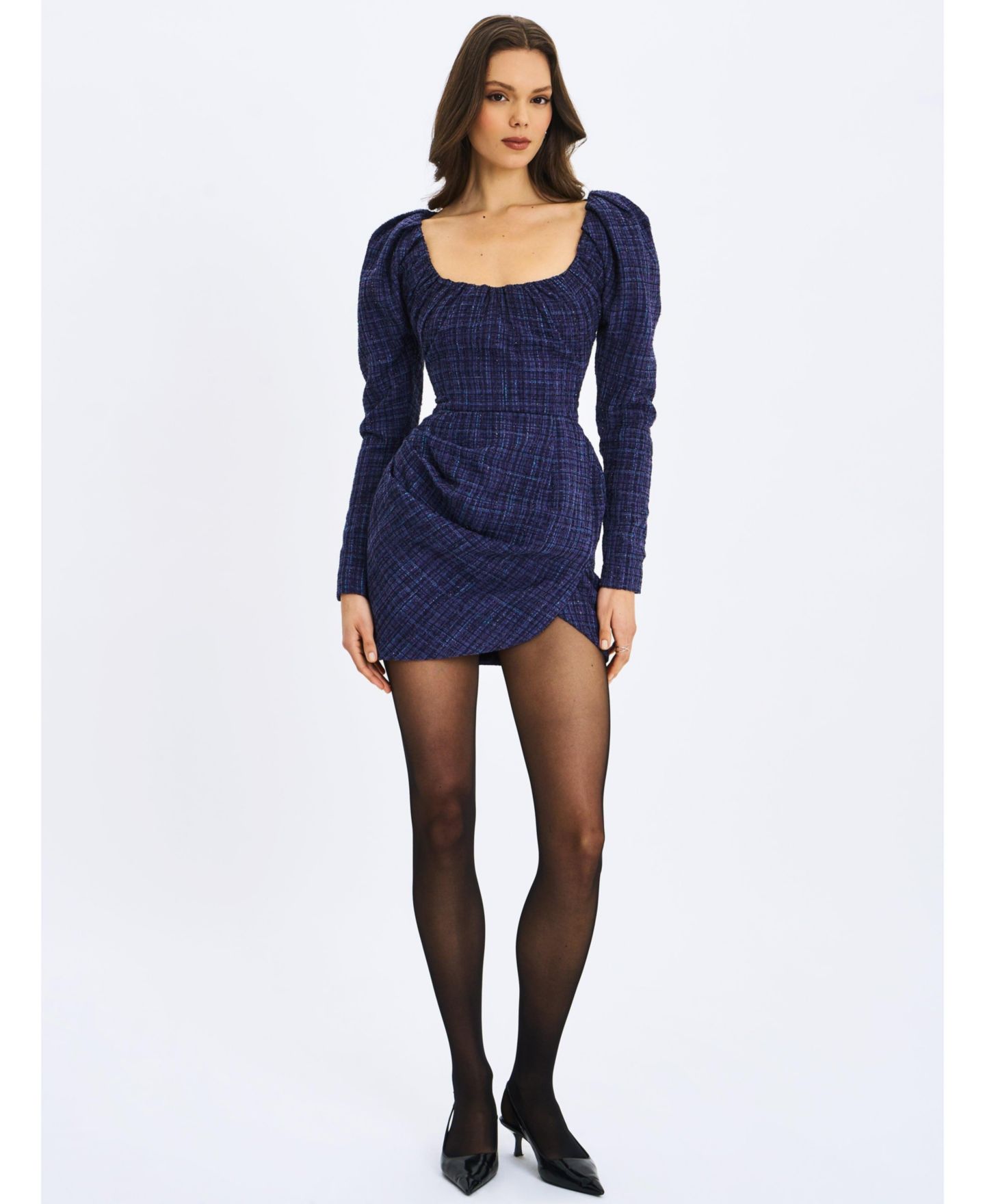 Женское платье Miss Circle Denise Navy Tweed Ruched Puff Sleeve Mini, цвет: Тёмно-синий — фото 5