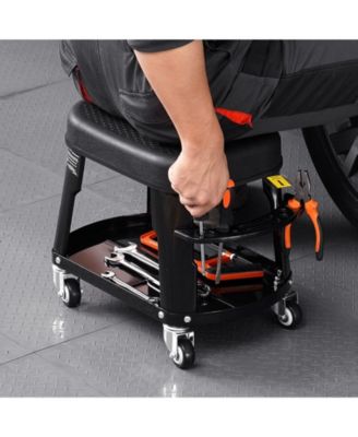 Mechanic Stool, 300lb, Swivel Seat w/ Wheels, Tool Tray & Rack, Black