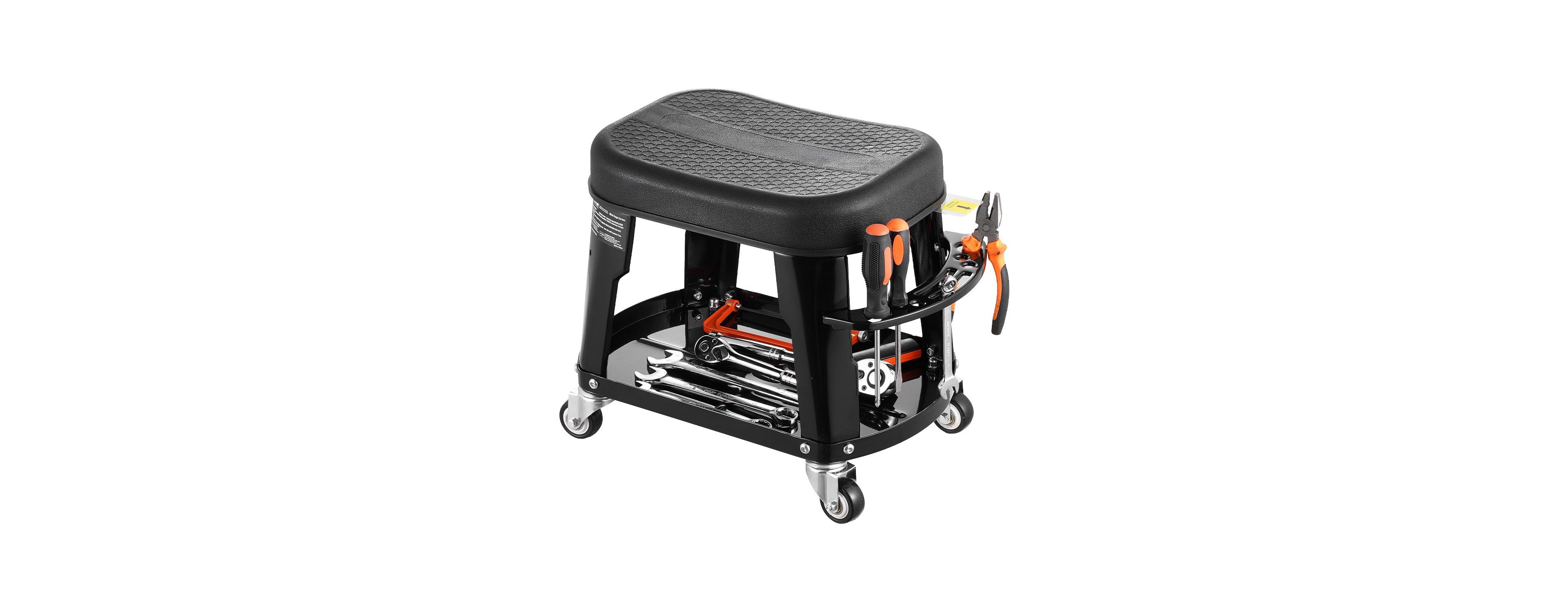 Mecale Mechanic Stool, 300lb, Swivel Seat w/ Wheels, Tool Tray & Rack, Black