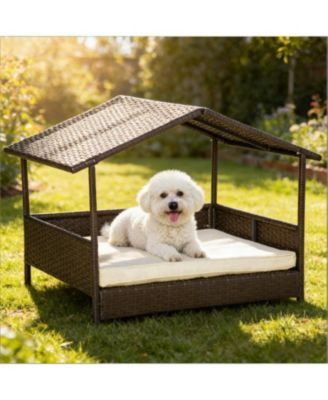 Rattan Dog House with Cream White Cushion for Outdoor in Dark Coffee
